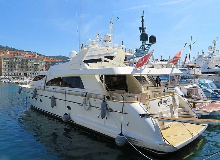 a boat docked at a pier aboard ARAMIS ONE Yacht for Sale