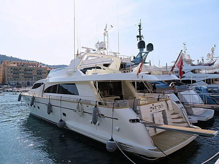 a boat docked at a pier aboard ARAMIS ONE Yacht for Sale