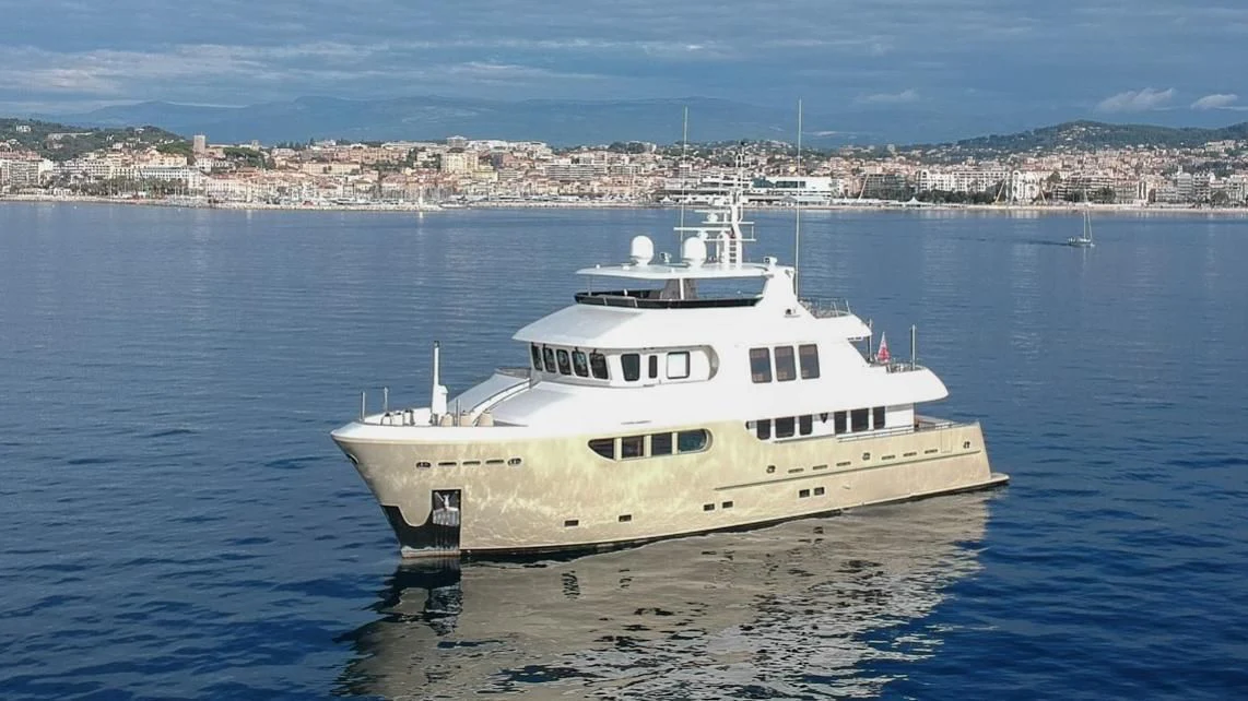 a large white boat in the water aboard O Yacht for Sale