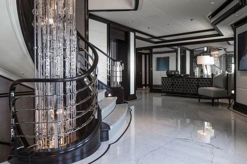 a large room with a glass railing aboard AQUILA Yacht for Sale