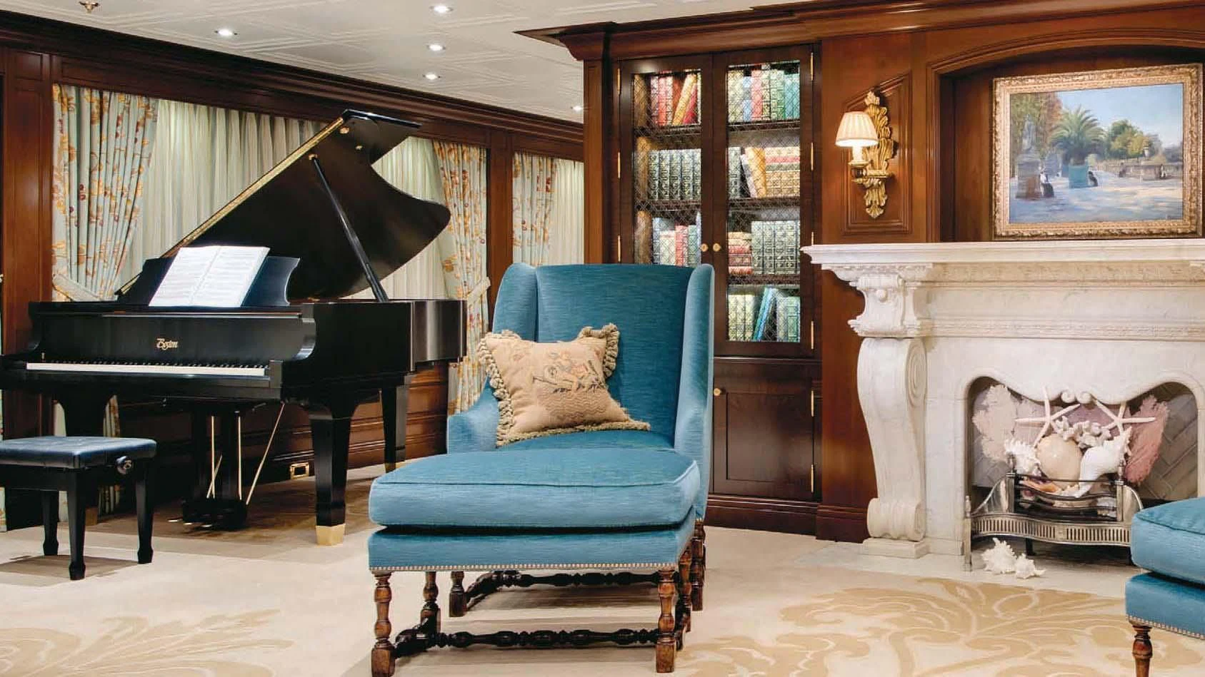a living room with a piano and a piano aboard AQUILA Yacht for Sale