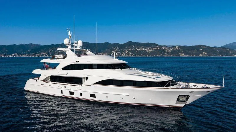 a white yacht on the water aboard NAMASTE Yacht for Sale