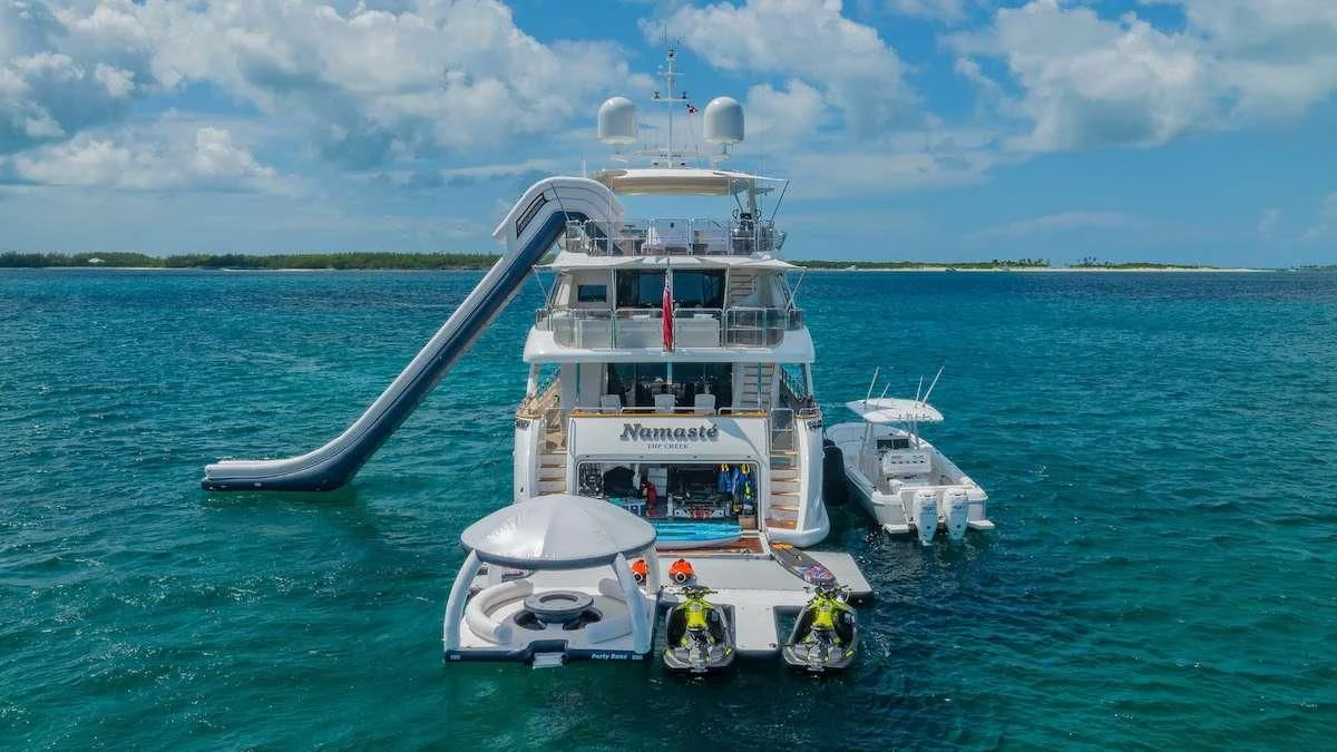 a boat with a long metal tube attached to it aboard NAMASTE Yacht for Sale