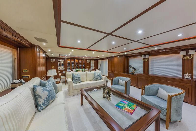 a living room with a large open floor plan aboard NAMASTE Yacht for Sale
