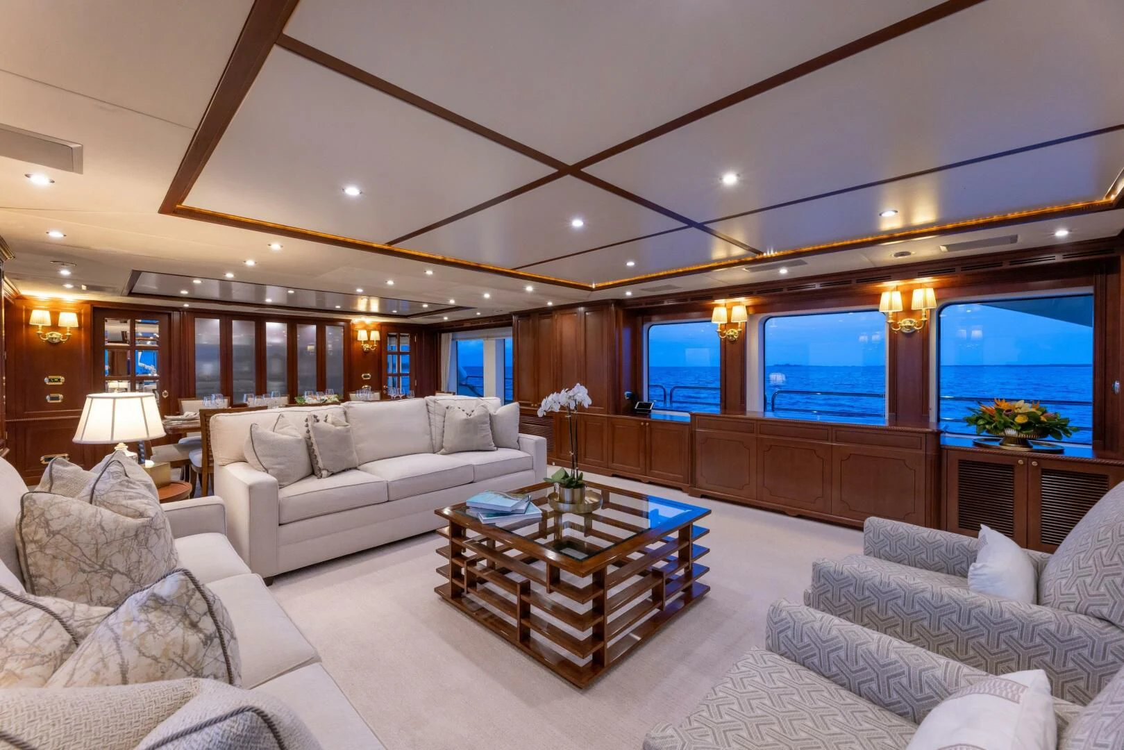a living room with a large window aboard NAMASTE Yacht for Sale