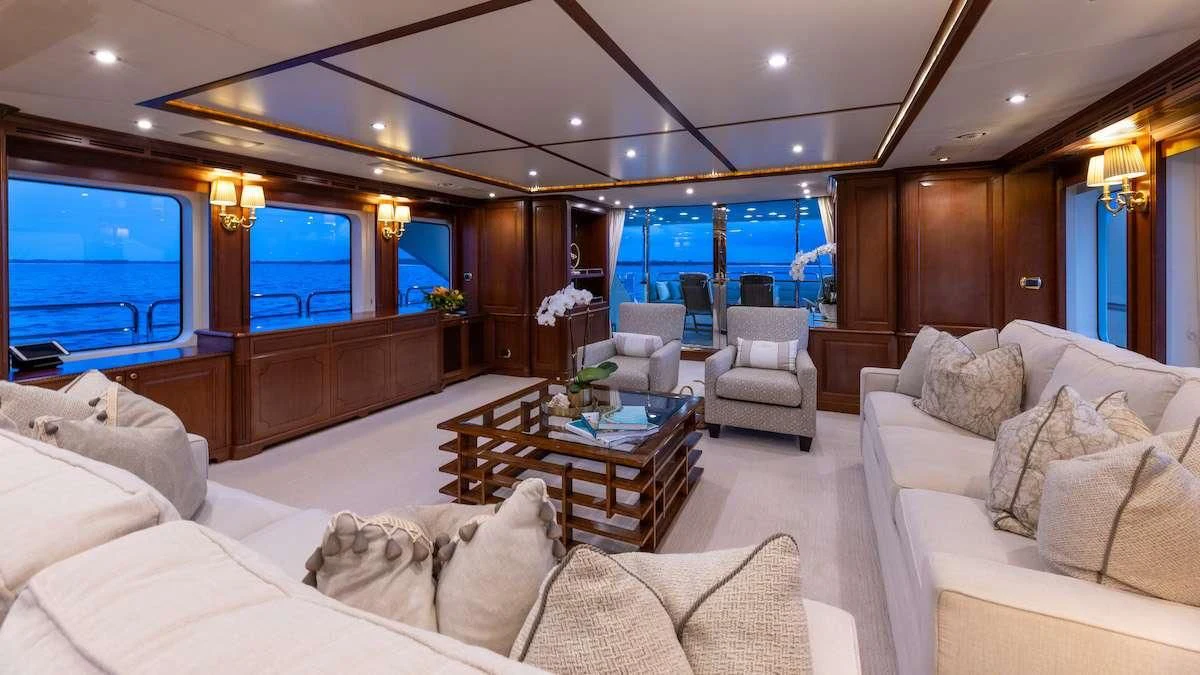 a living room with a large window aboard NAMASTE Yacht for Sale