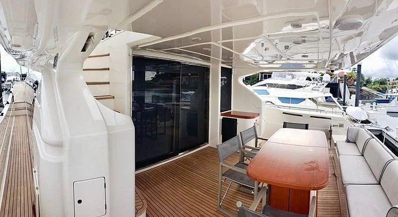 a room with a table chairs and a large window aboard ALL RUMORS Yacht for Sale