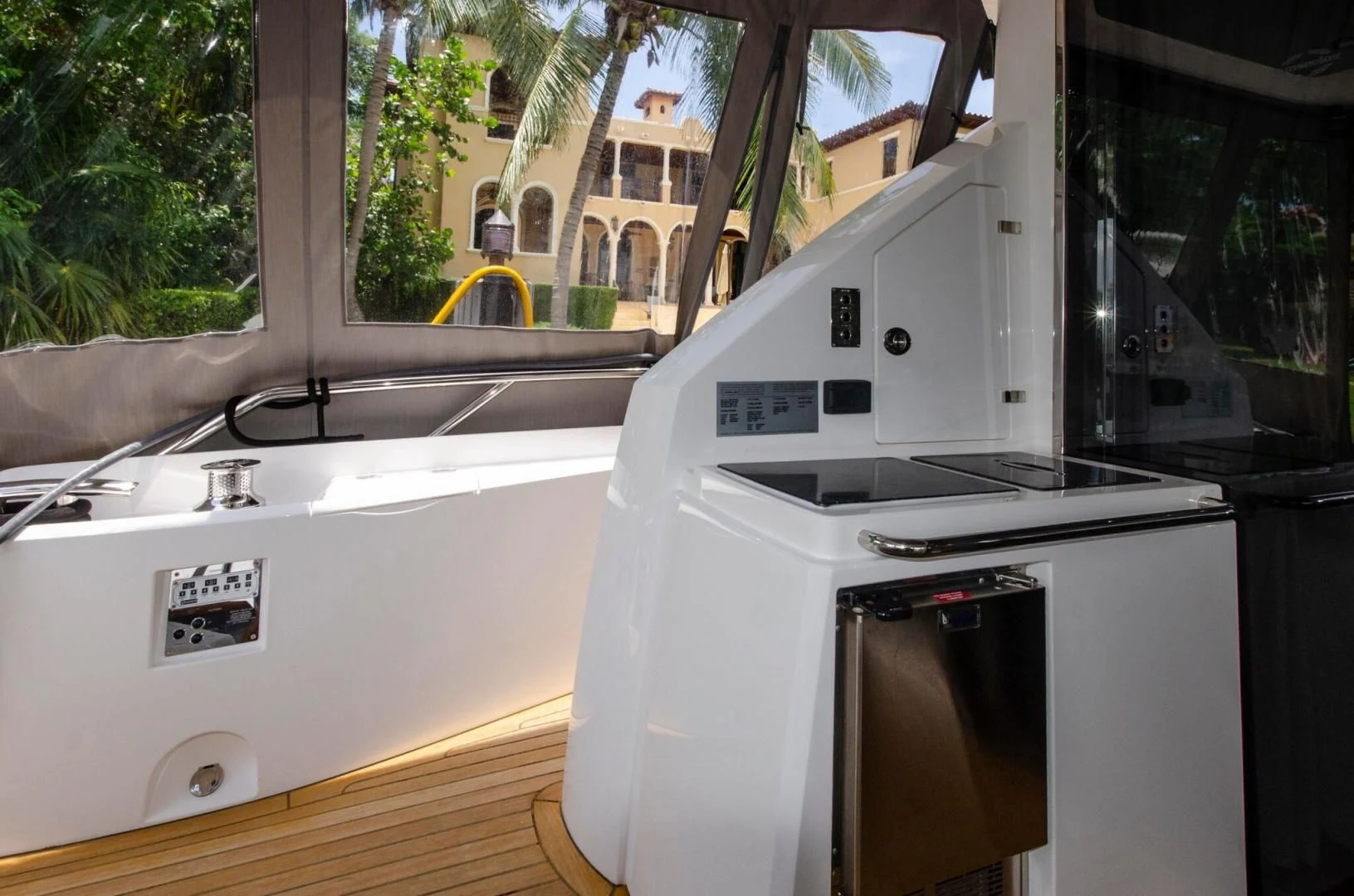 a kitchen with a sink and a window aboard SECOND THOUGHTS Yacht for Sale