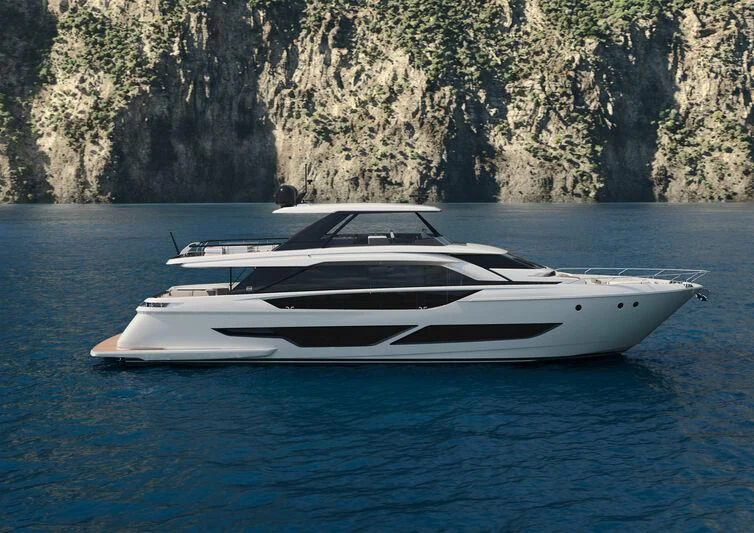 a white boat on water aboard FERRETTI 860/18 Yacht for Sale