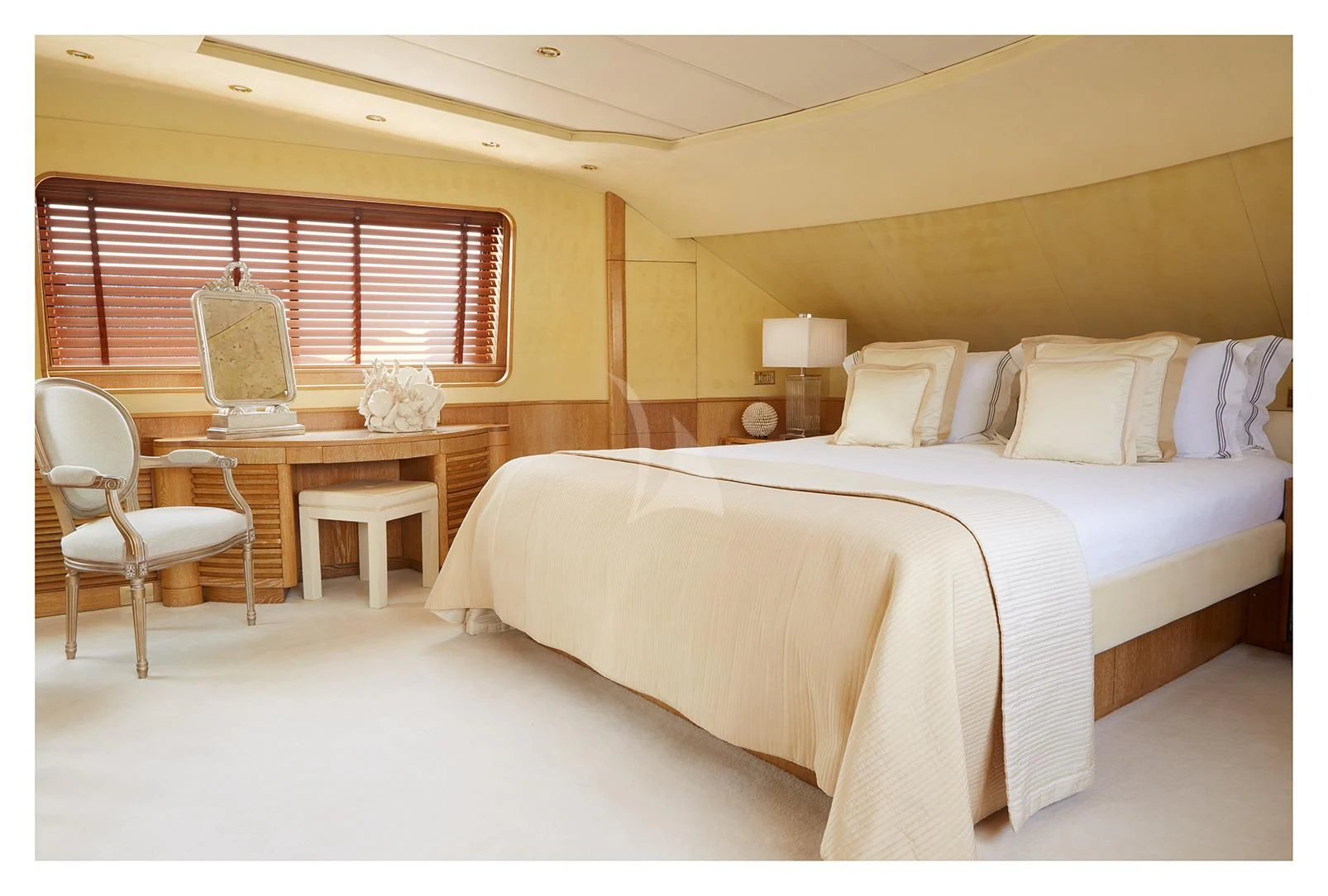a large bed in a room aboard SEA LADY II Yacht for Sale