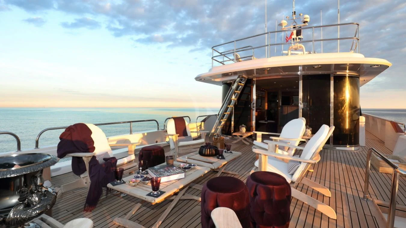a deck with a table and chairs on it and a boat on the water in the background aboard SEA LADY II Yacht for Sale