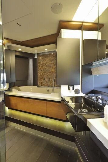 a kitchen with a large sink aboard OKTO Yacht for Sale