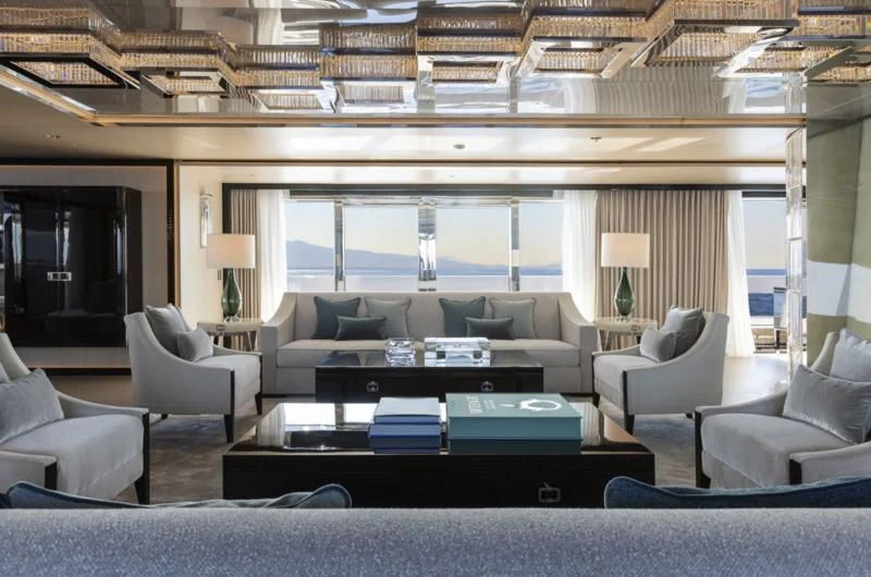 a living room with a large window aboard POLESTAR Yacht for Sale