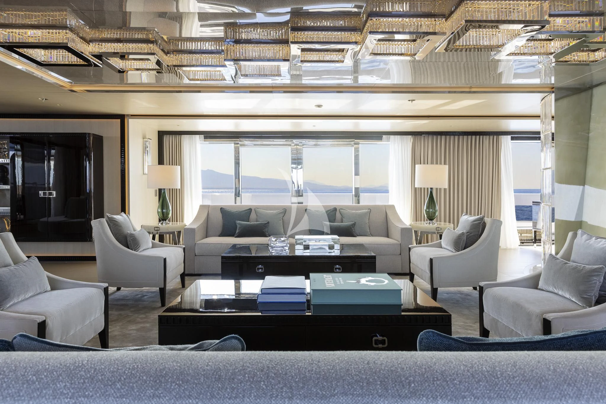 a living room with a large window aboard POLESTAR Yacht for Sale