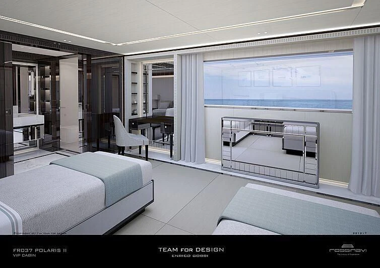 a room with a bed and a large screen aboard POLESTAR Yacht for Sale