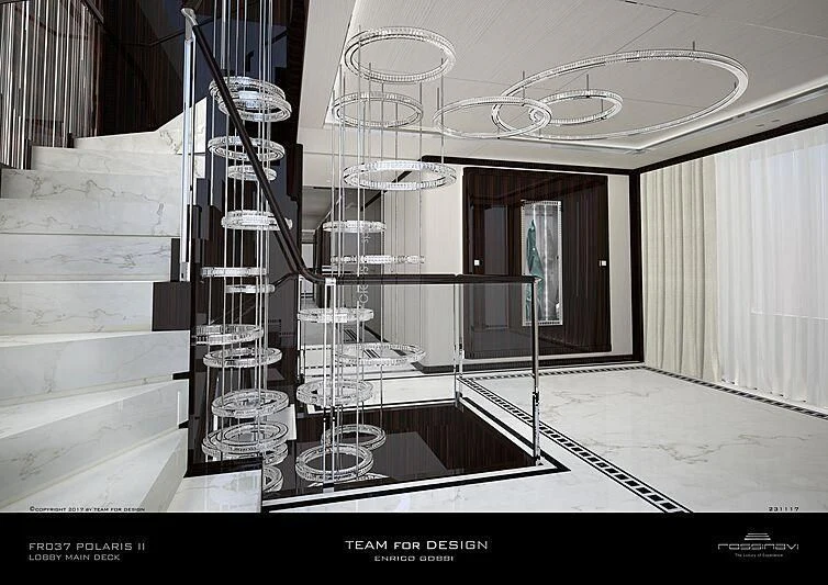 a staircase with glass walls aboard POLESTAR Yacht for Sale