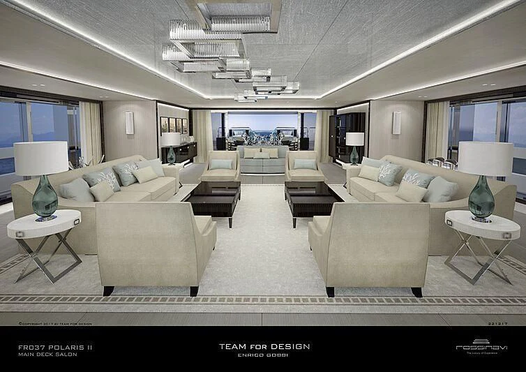 a living room with a large white couch and a large window aboard POLESTAR Yacht for Sale