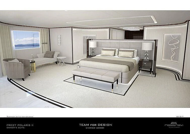 a living room with a large white couch and a tv aboard POLESTAR Yacht for Sale