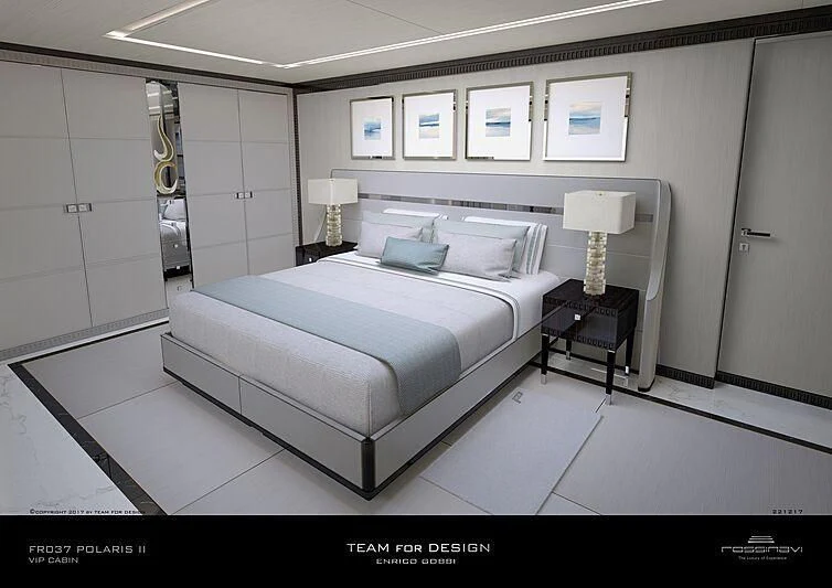 a bed in a room aboard POLESTAR Yacht for Sale