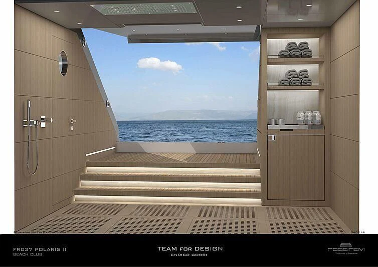 a room with a view of the ocean and a wooden door aboard POLESTAR Yacht for Sale
