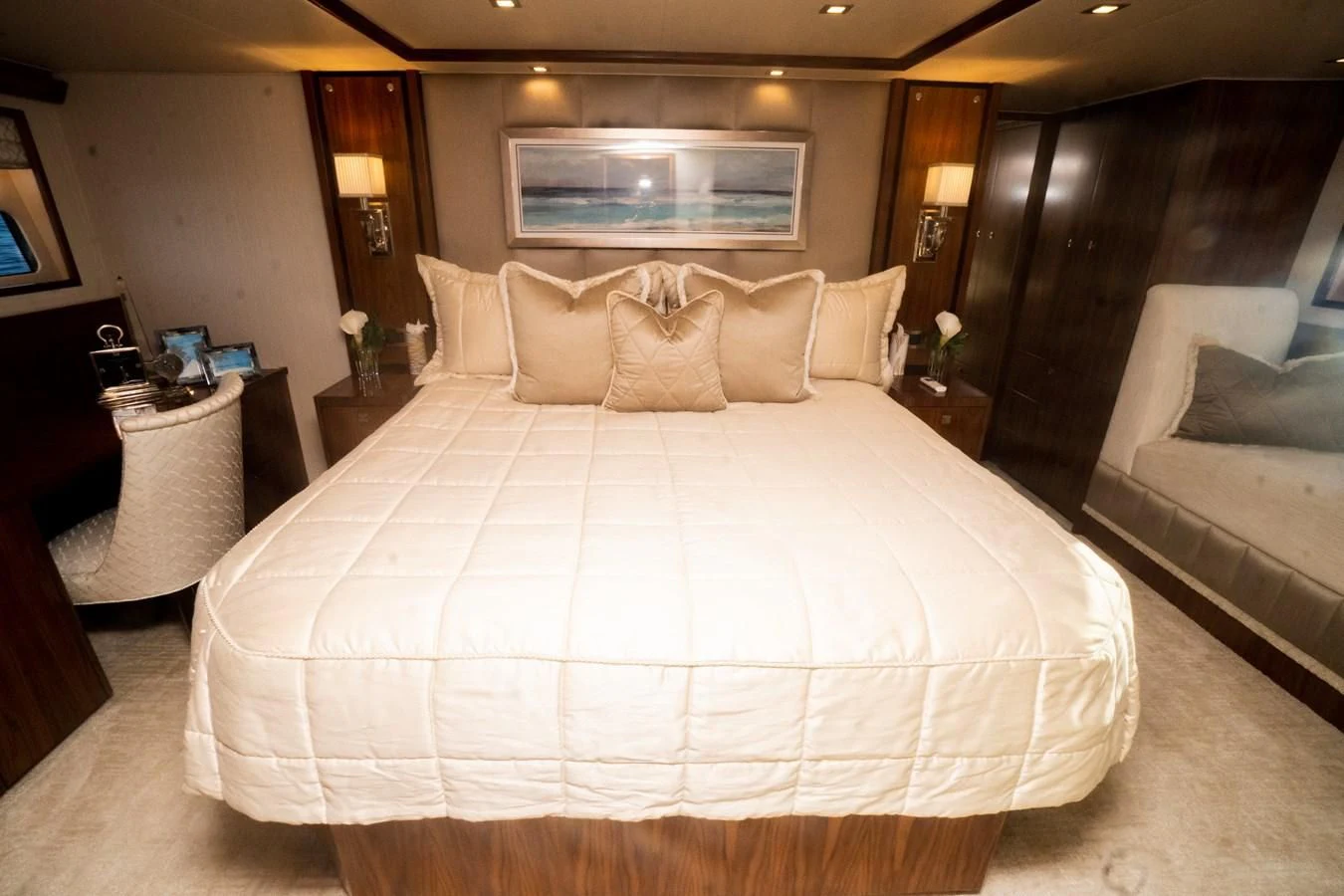 a bed with pillows aboard KALEEN Yacht for Sale