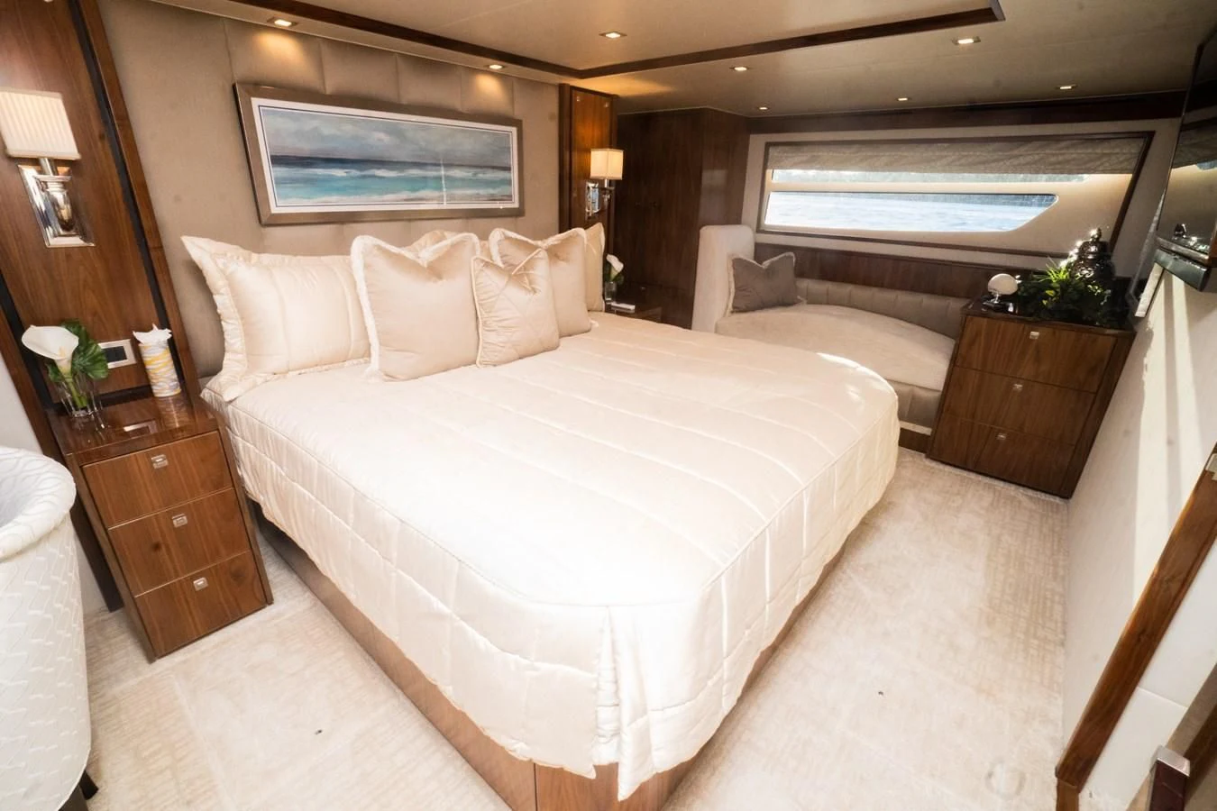 a large bed in a hotel room aboard KALEEN Yacht for Sale