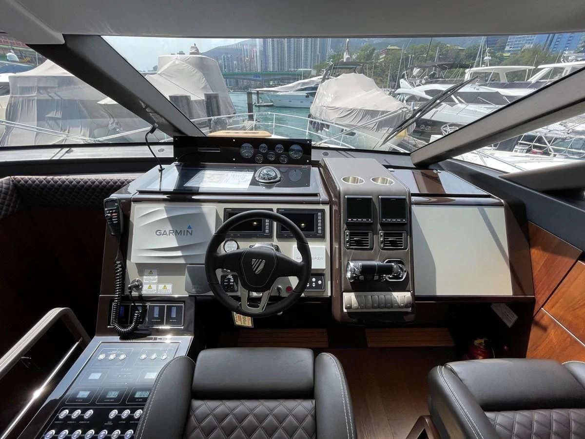 inside of a car aboard FAIRLINE SQUADRON 65 Yacht for Sale