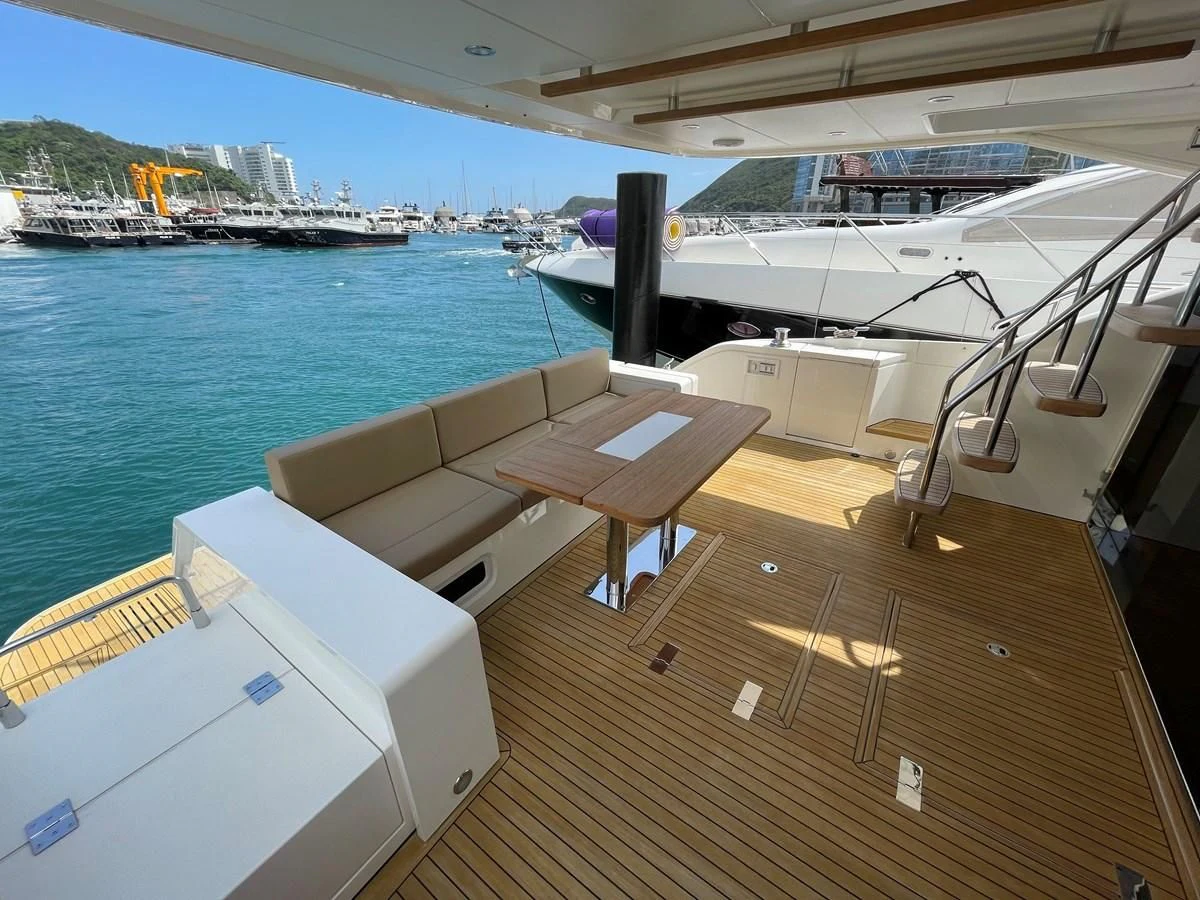a boat on a deck aboard FAIRLINE SQUADRON 65 Yacht for Sale