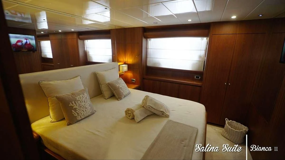 a room with a bed and a television aboard BIANCA II Yacht for Charter