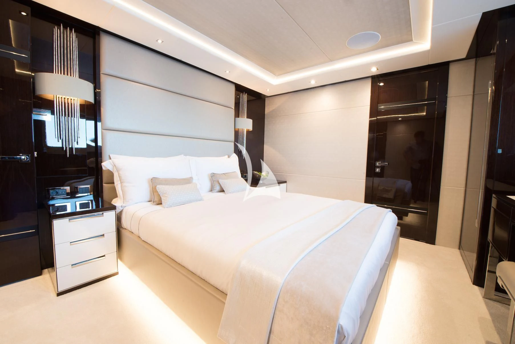 a bed in a room aboard E-MOTION Yacht for Sale
