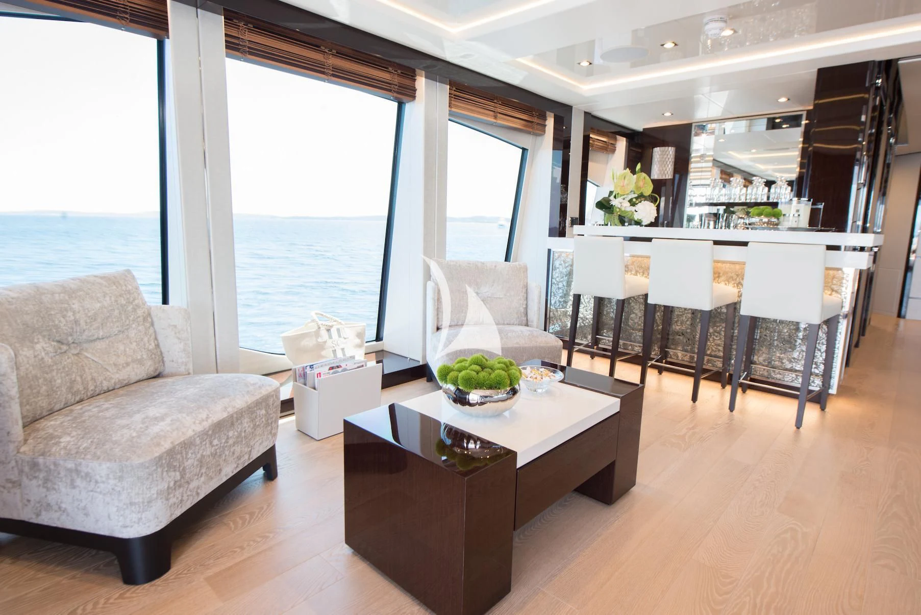 a living room with a large window aboard E-MOTION Yacht for Sale