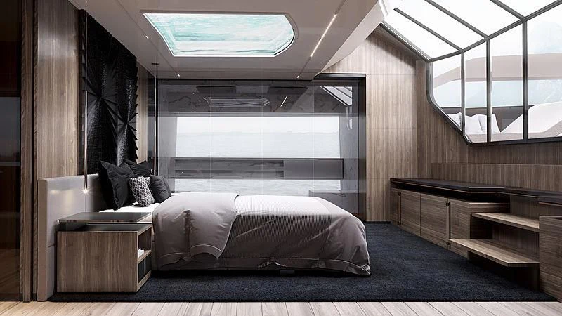 a room with a bed and a window aboard PEPPERMINT Yacht for Sale