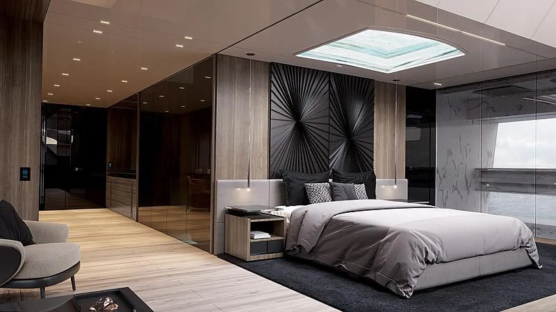 a large bedroom with a large bed aboard PEPPERMINT Yacht for Sale