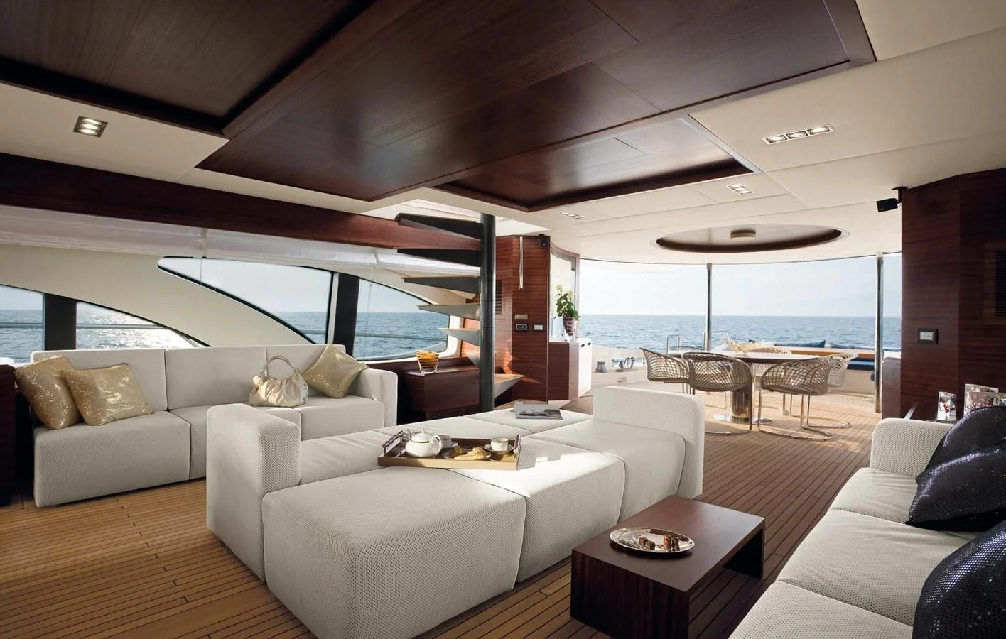 a living room with a large window aboard LEONARDO 98 Yacht for Sale