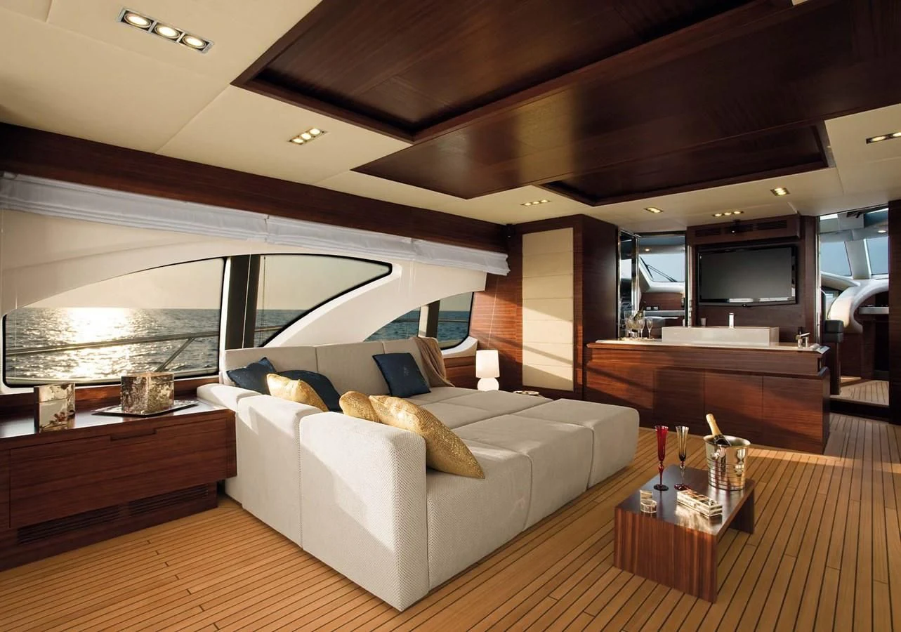 a room with a large bed and a large window aboard LEONARDO 98 Yacht for Sale
