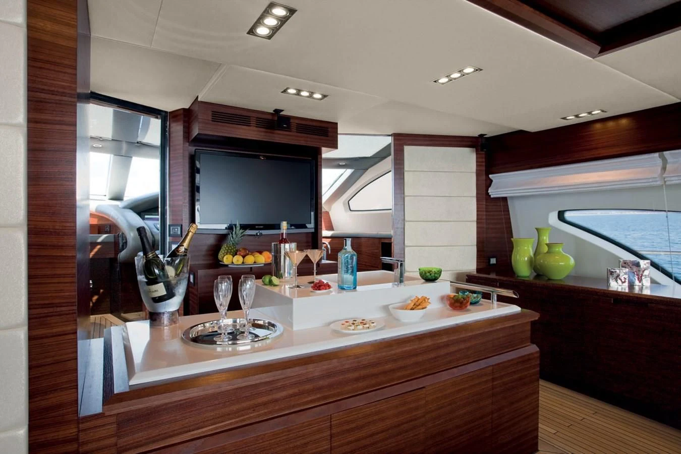a kitchen with a large window aboard LEONARDO 98 Yacht for Sale