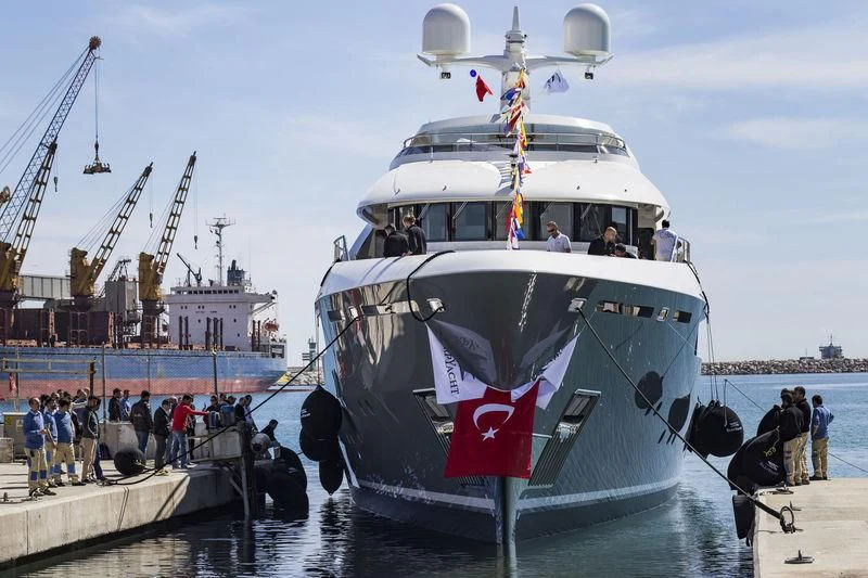 a boat docked at a port aboard LA PASSION Yacht for Sale