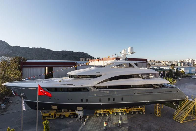 a large white yacht aboard LA PASSION Yacht for Sale