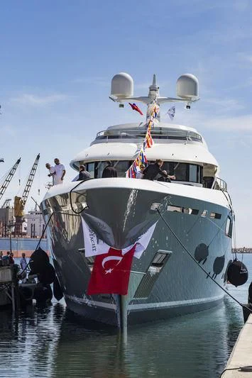 a boat with flags on it aboard LA PASSION Yacht for Sale