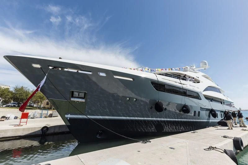 a boat docked at a pier aboard LA PASSION Yacht for Sale