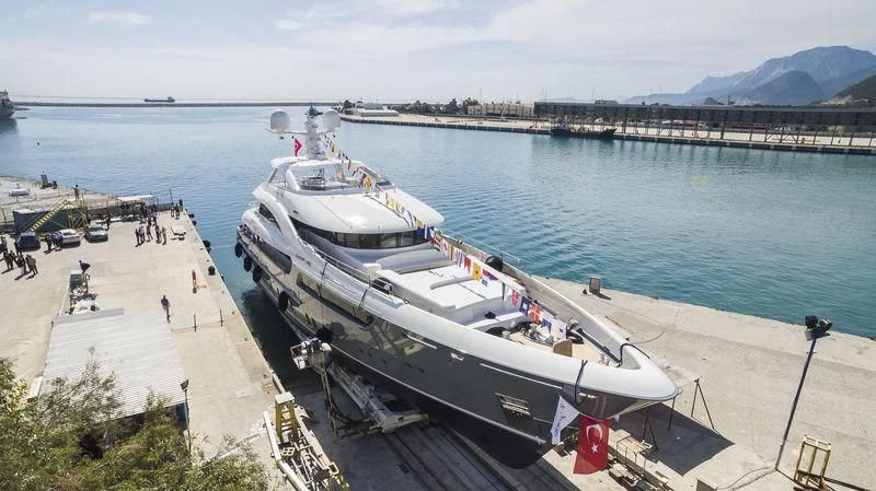 a boat docked at a dock aboard LA PASSION Yacht for Sale