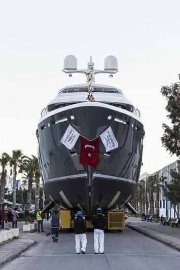 a large metal object with a flag on it aboard LA PASSION Yacht for Sale