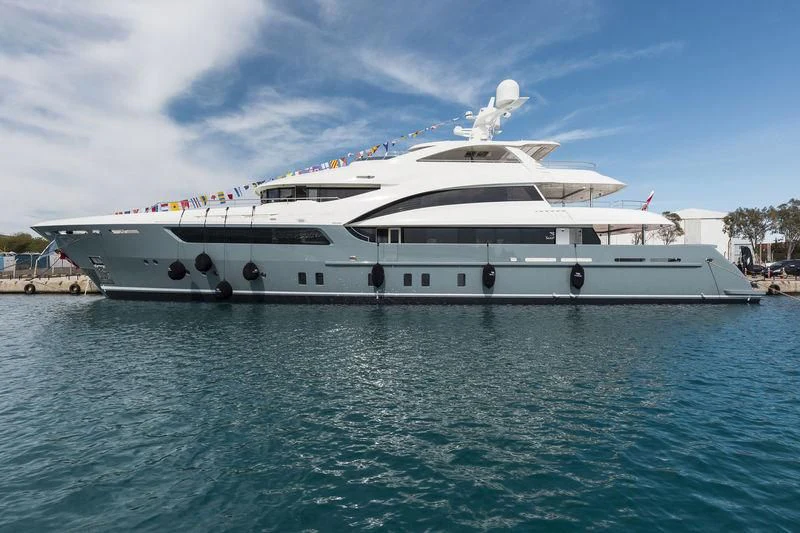 a large white yacht in the water aboard LA PASSION Yacht for Sale