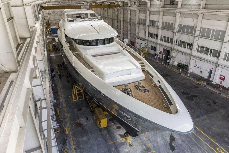 a large white ship in a large building aboard LA PASSION Yacht for Sale