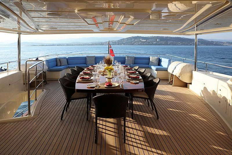 a table on a deck overlooking the ocean aboard SIMA Yacht for Sale