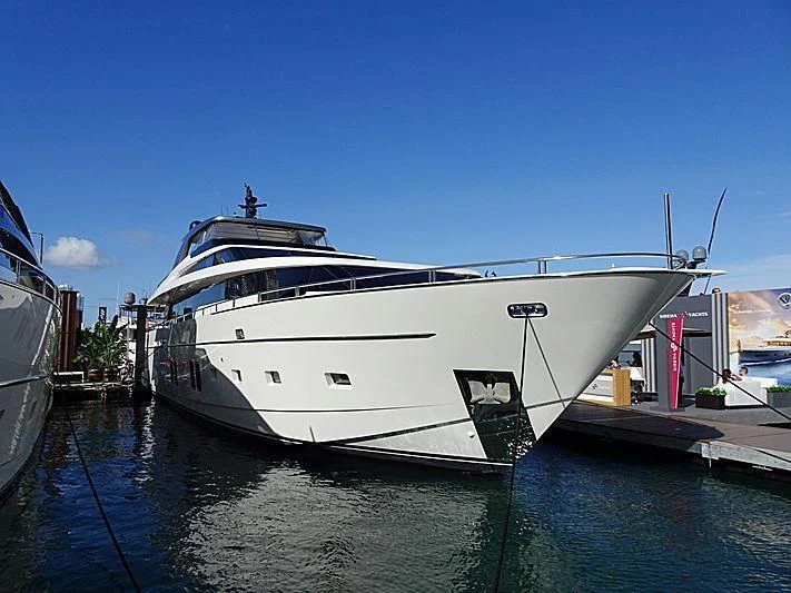 a white yacht docked aboard RAYEN Yacht for Sale