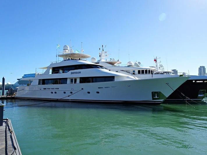 a large white boat in the water aboard LIQUID REHAB Yacht for Sale