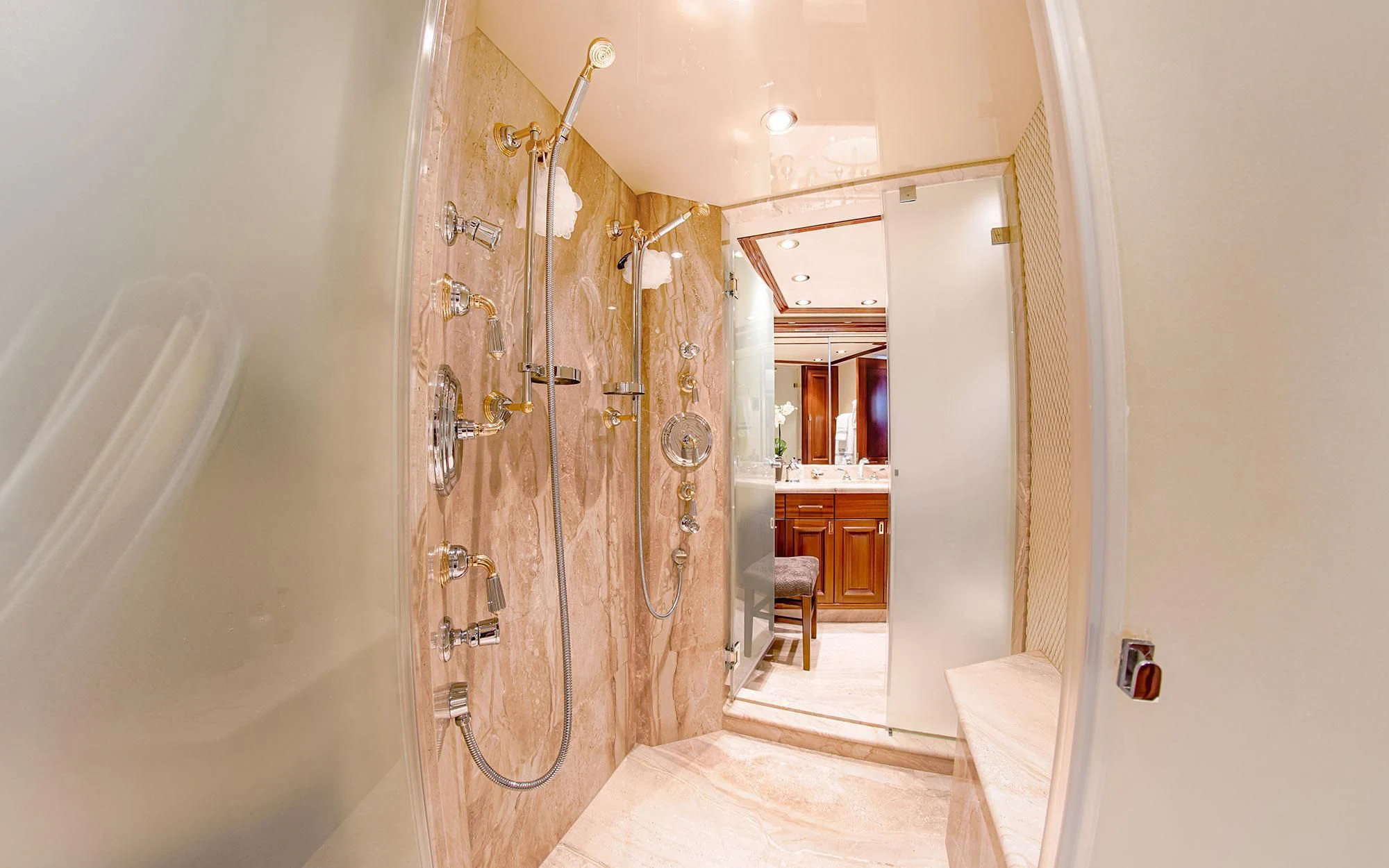 a bathroom with a shower unit aboard SEASENSE Yacht for Sale