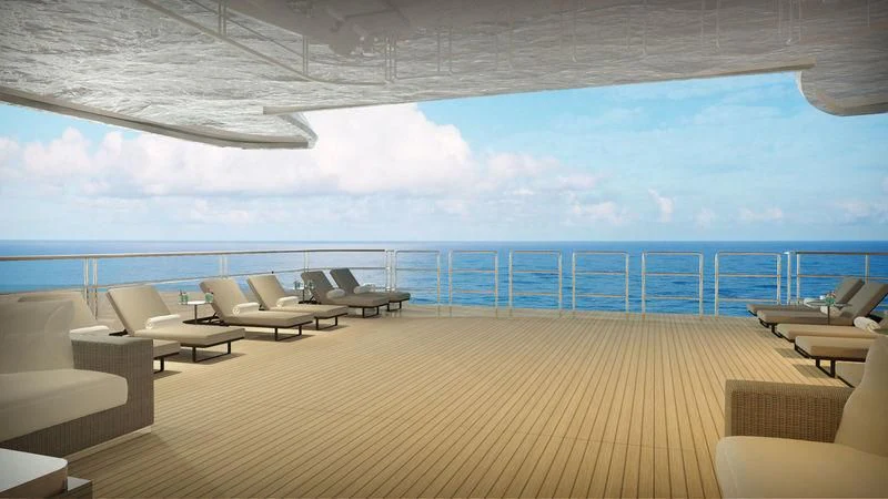 a large room with chairs and a large body of water aboard SEASENSE Yacht for Sale