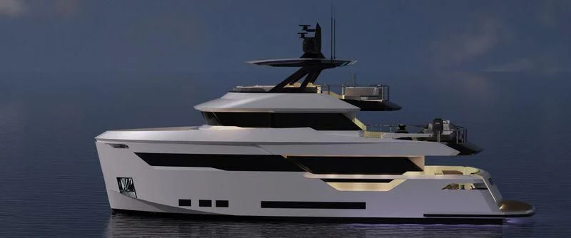a white yacht with a black and white design on it aboard AES NB 067 Yacht for Sale